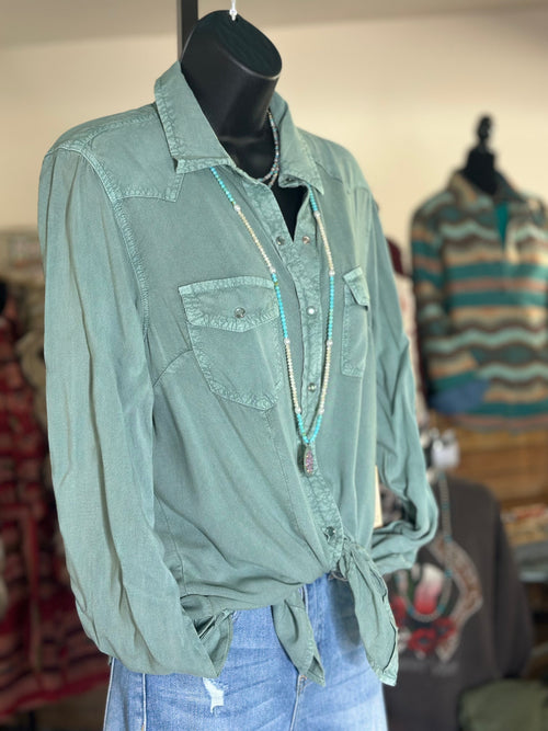 Shop Envi Me tops The Autumn Dusty Turquoise Snap Up Top