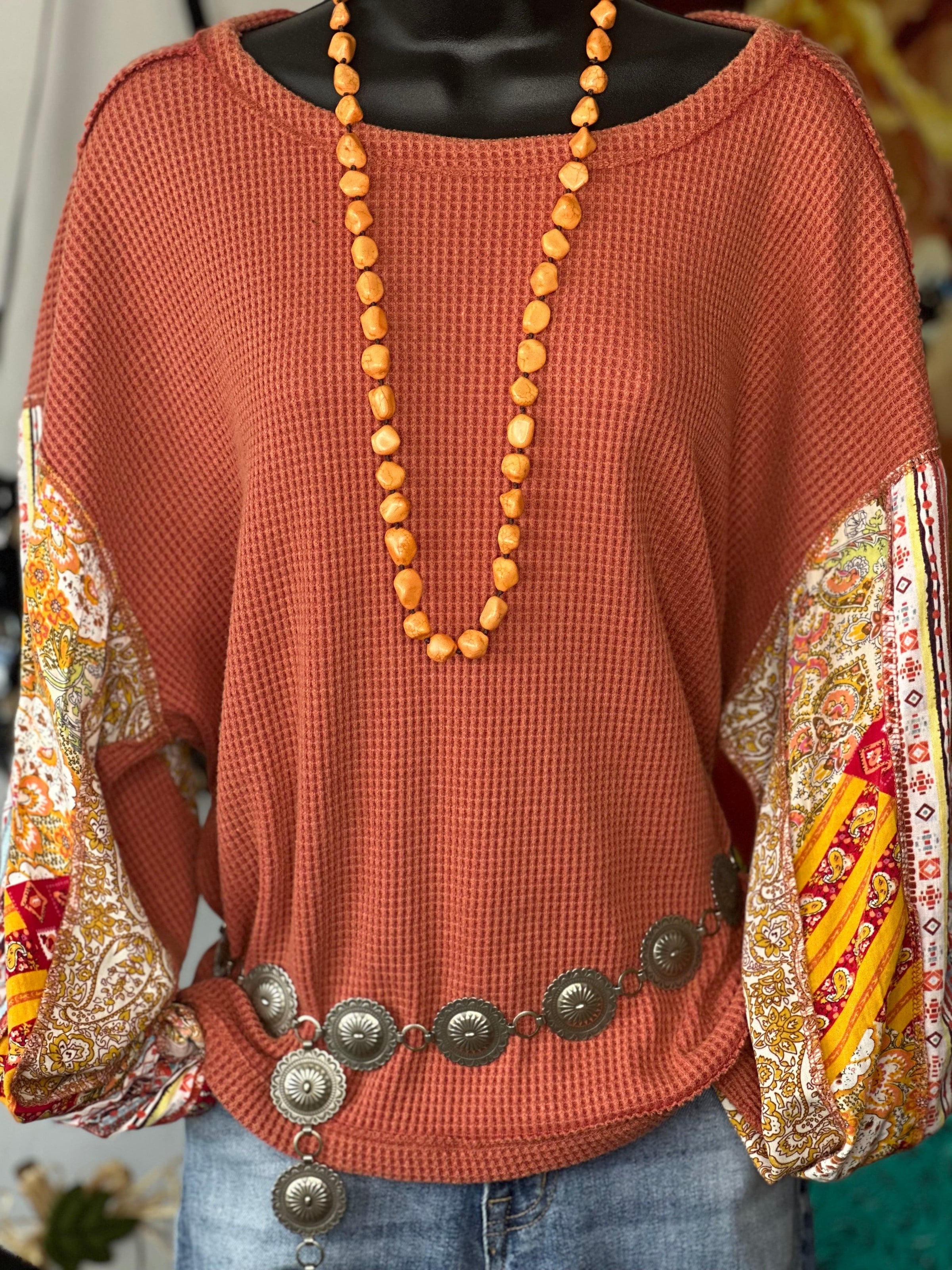 Shop Envi Me Tops and Tunics The Autumn Flowers Long Sleeve Mixed Pattern Waffle Top
