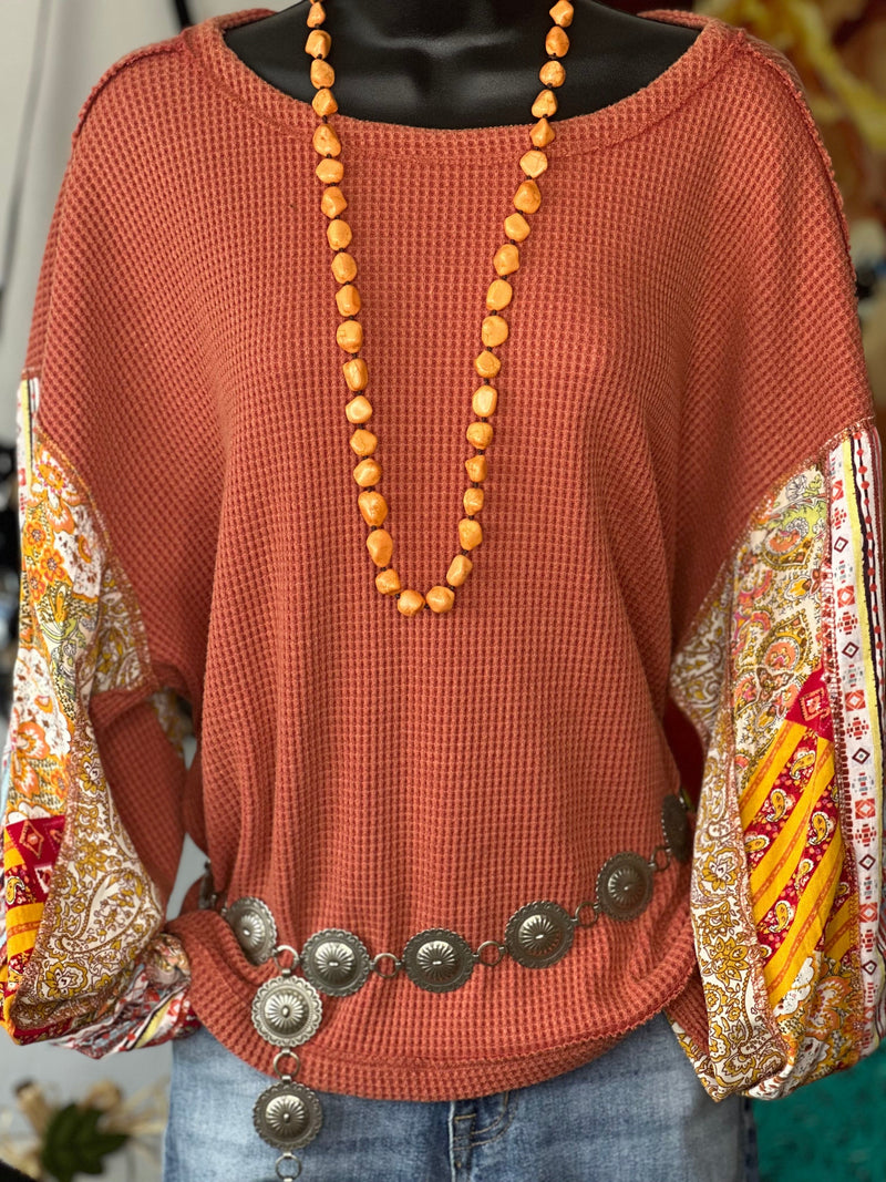 Shop Envi Me Tops and Tunics The Autumn Flowers Long Sleeve Mixed Pattern Waffle Top