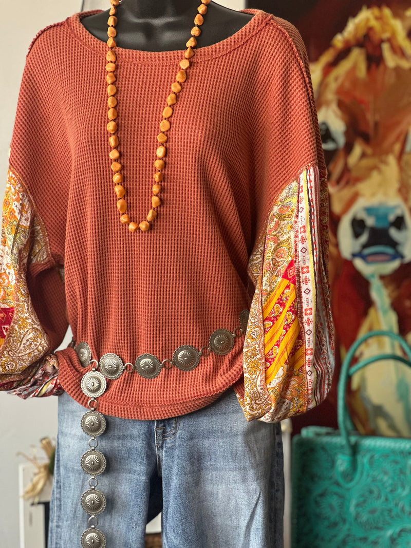 Shop Envi Me Tops and Tunics The Autumn Flowers Long Sleeve Mixed Pattern Waffle Top