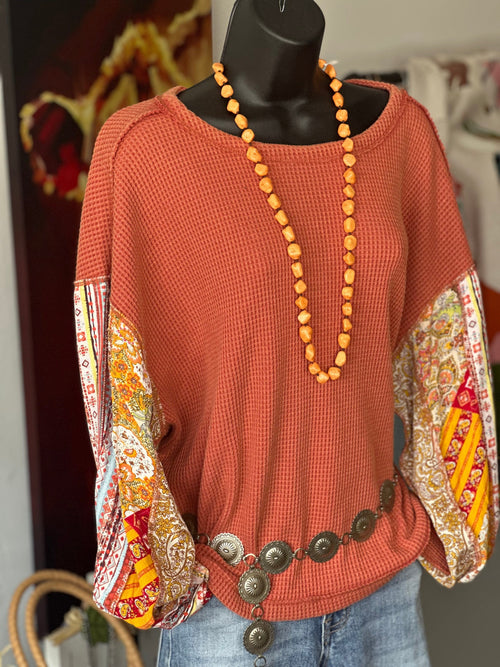 Shop Envi Me Tops and Tunics The Autumn Flowers Long Sleeve Mixed Pattern Waffle Top
