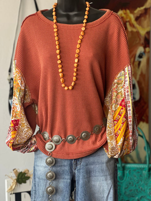 Shop Envi Me Tops and Tunics The Autumn Flowers Long Sleeve Mixed Pattern Waffle Top