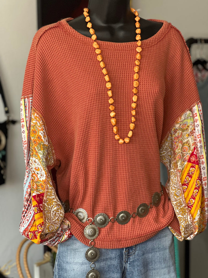 Shop Envi Me Tops and Tunics The Autumn Flowers Long Sleeve Mixed Pattern Waffle Top