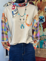 Shop Envi Me Tops and Tunics The Autumn Horseshoe Long Sleeve Patchwork Sleeve Top