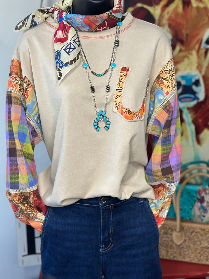 Shop Envi Me Tops and Tunics The Autumn Horseshoe Long Sleeve Patchwork Sleeve Top