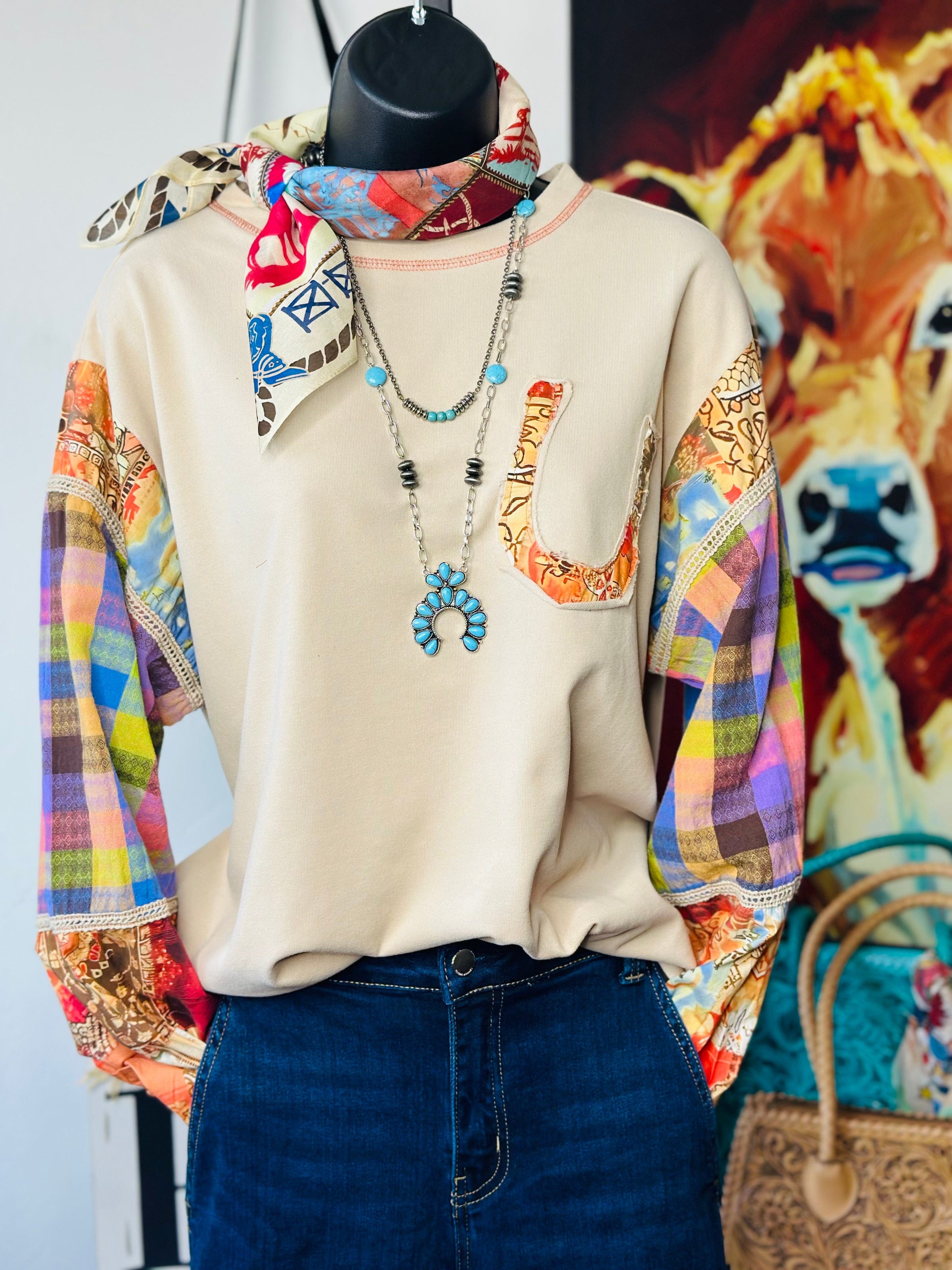 Shop Envi Me Tops and Tunics The Autumn Horseshoe Long Sleeve Patchwork Sleeve Top