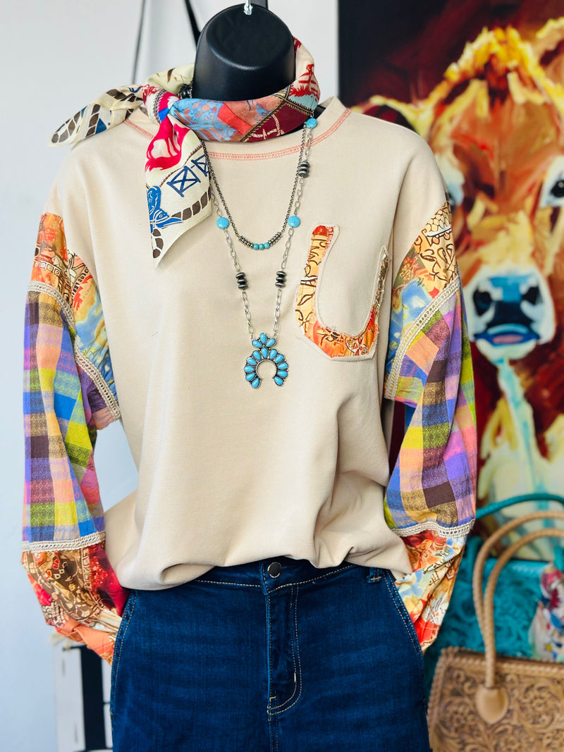 Shop Envi Me Tops and Tunics The Autumn Horseshoe Long Sleeve Patchwork Sleeve Top