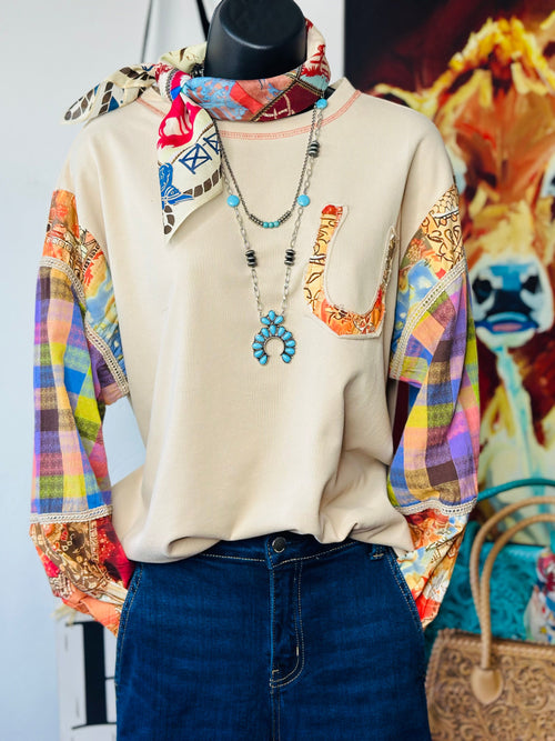 Shop Envi Me Tops and Tunics The Autumn Horseshoe Long Sleeve Patchwork Sleeve Top