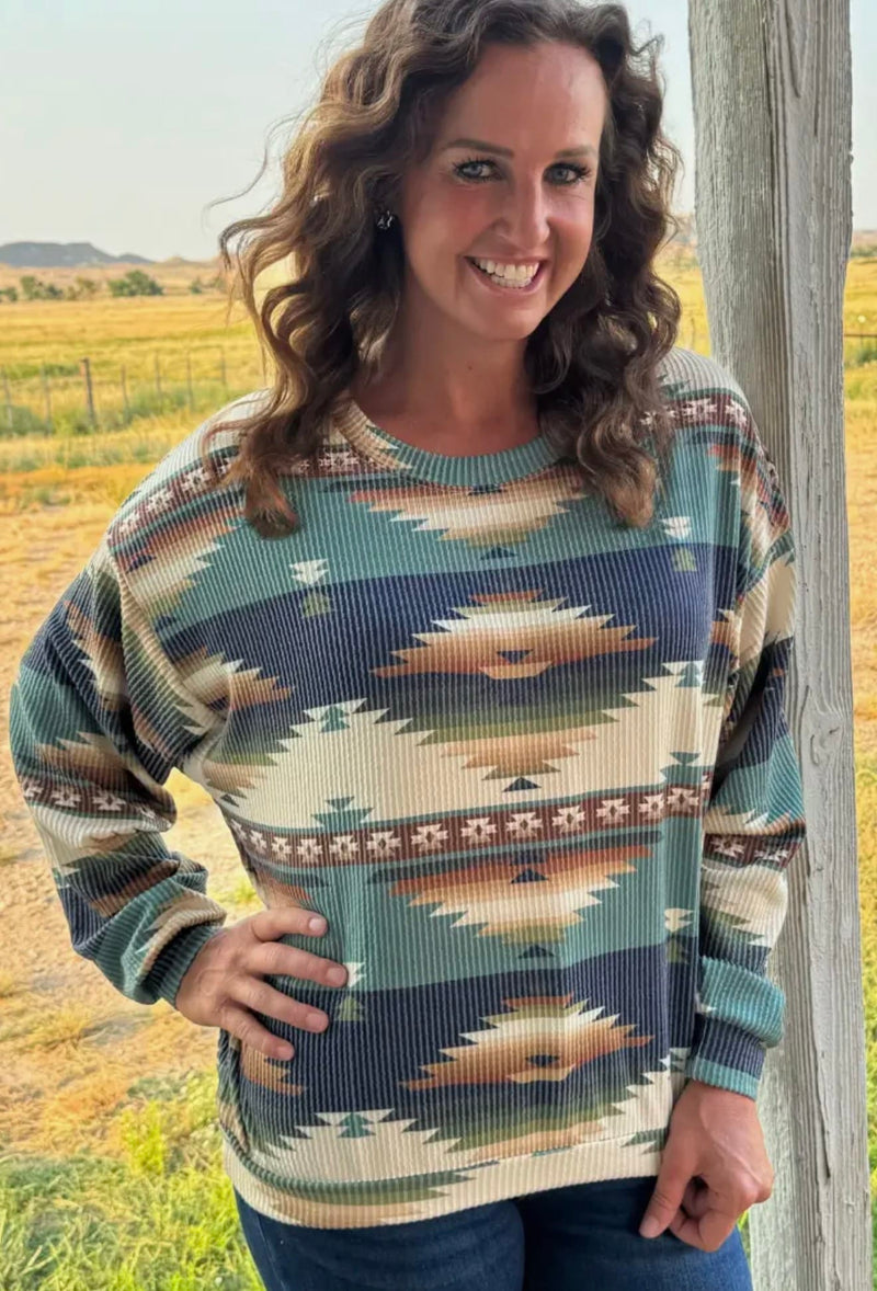 Shop Envi Me Tops and Tunics The Autumn in Amarillo Aztec Corded Top