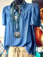 Shop Envi Me Tops and Tunics The Autumn Ruffle Detail Chambray Top