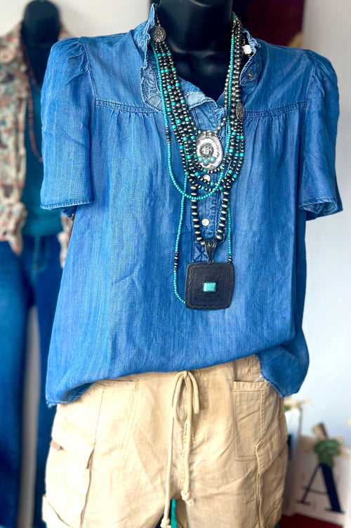 Shop Envi Me Tops and Tunics The Autumn Ruffle Detail Chambray Top