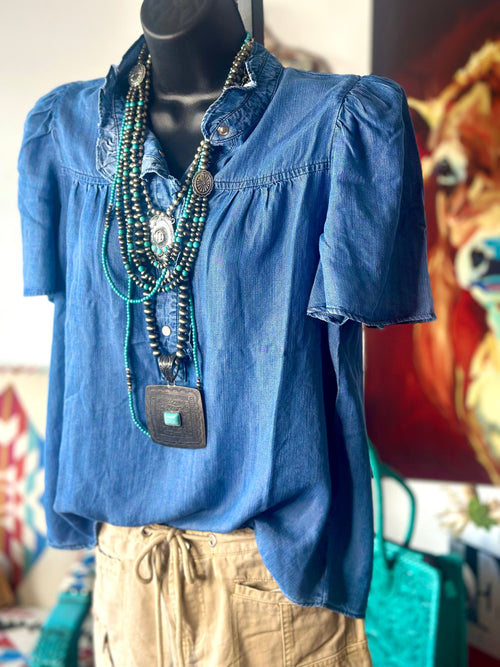 Shop Envi Me Tops and Tunics The Autumn Ruffle Detail Chambray Top