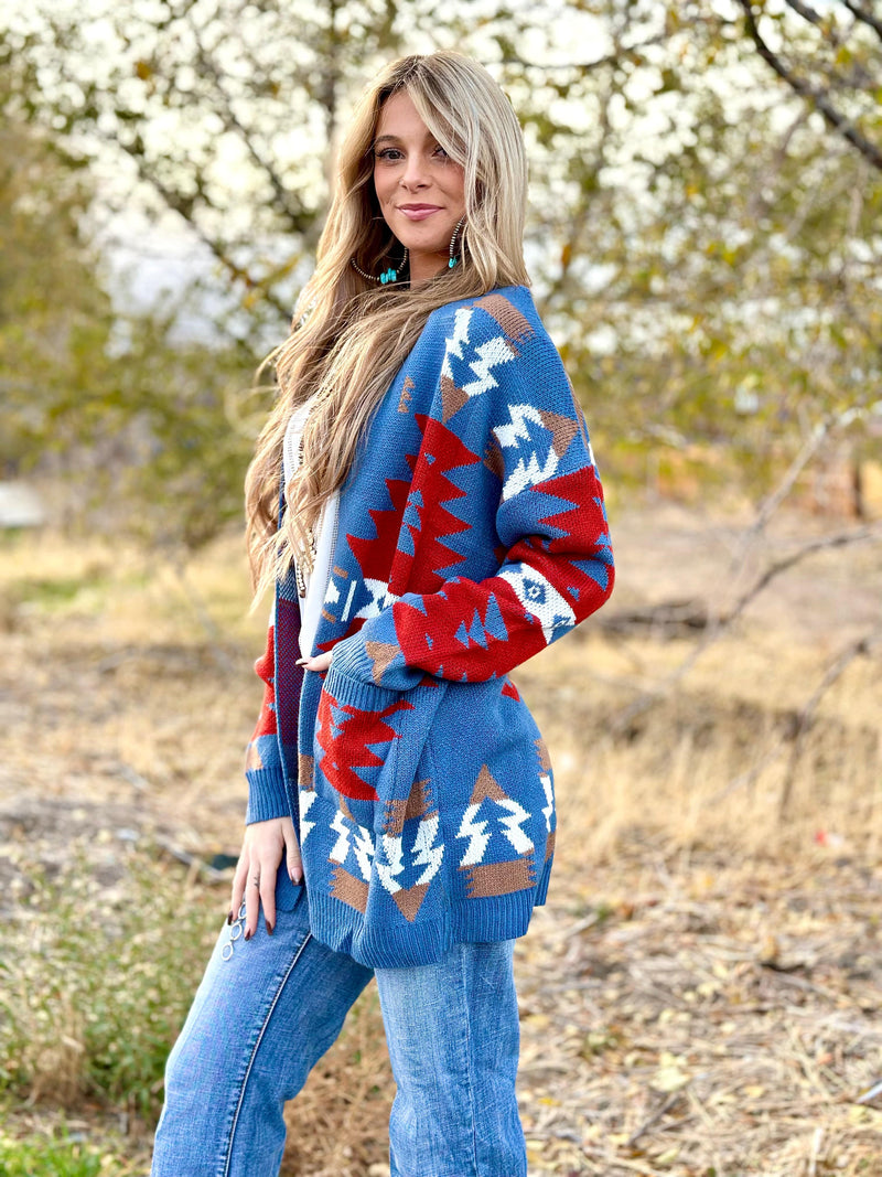 Shop Envi Me Cardigans and Kimonos The Aztec Blue Painted Pony Cardigan Sweater