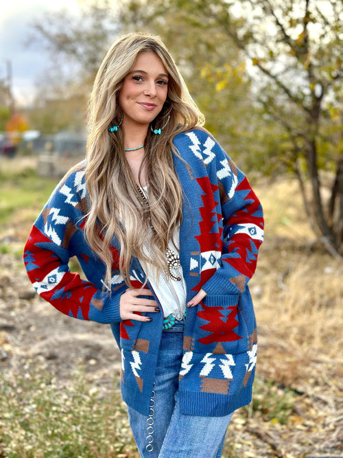 Shop Envi Me Cardigans and Kimonos The Aztec Blue Painted Pony Cardigan Sweater