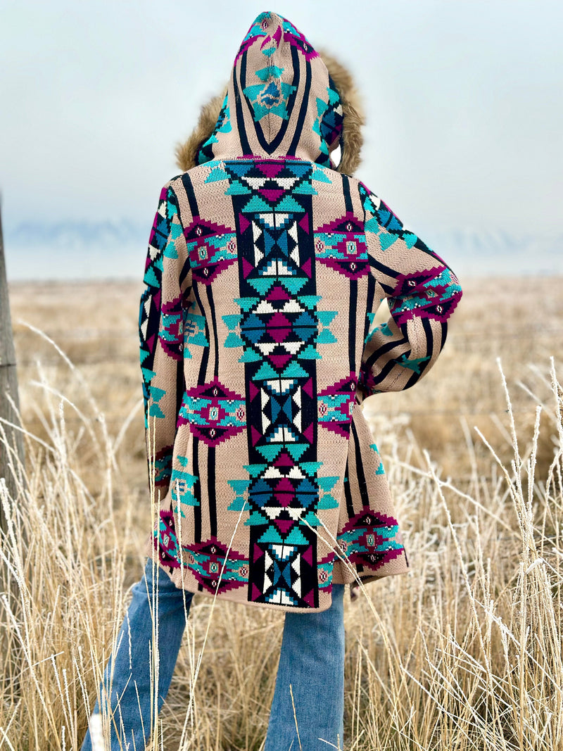 Shop Envi Me Cardigans and Kimonos The Aztec Montana Beth Fur Lined Hood Sweater