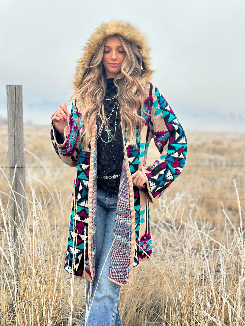 R Cinco RAnch Cardigans and Kimonos The Aztec Montana Beth Fur Lined Hood Sweater