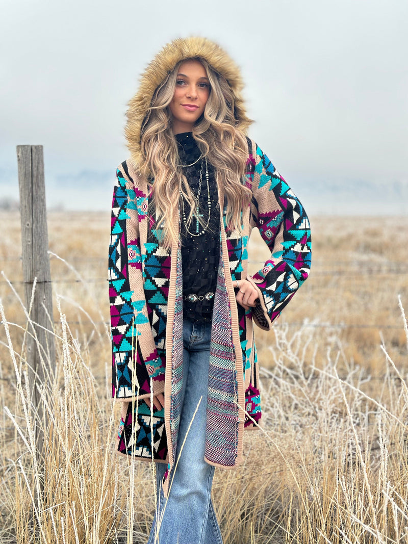 Shop Envi Me Cardigans and Kimonos The Aztec Montana Beth Fur Lined Hood Sweater