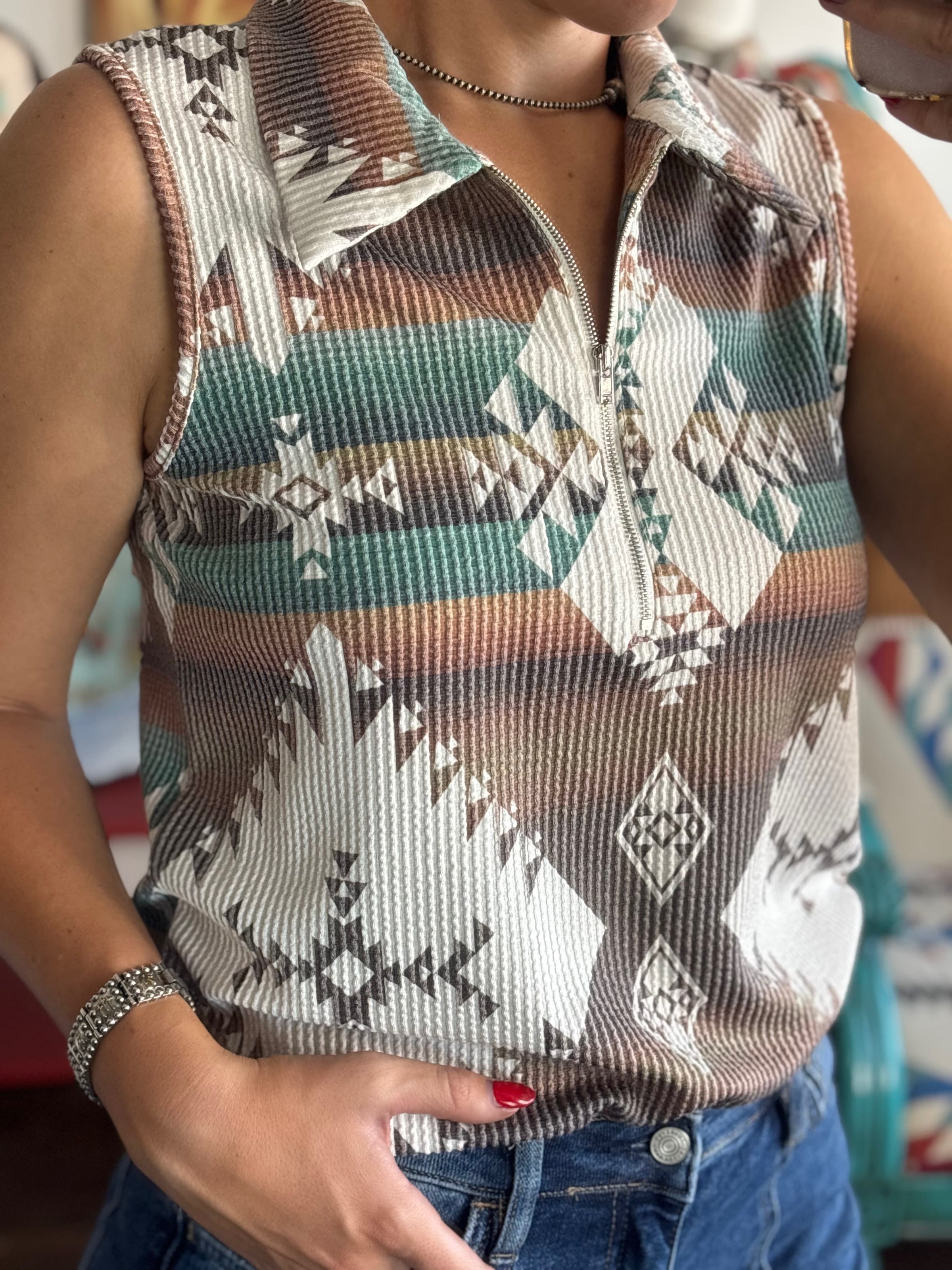 Shop Envi Me Tops and Tunics The Aztec On The Golf Course Corded Zip Front Top