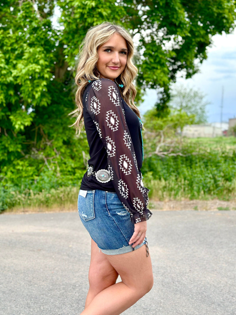 Shop Envi Me Tops and Tunics The Black Seminole Aztec Mesh Sleeve Top