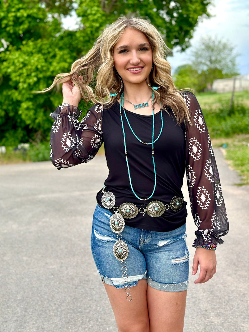 Shop Envi Me Tops and Tunics The Black Seminole Aztec Mesh Sleeve Top