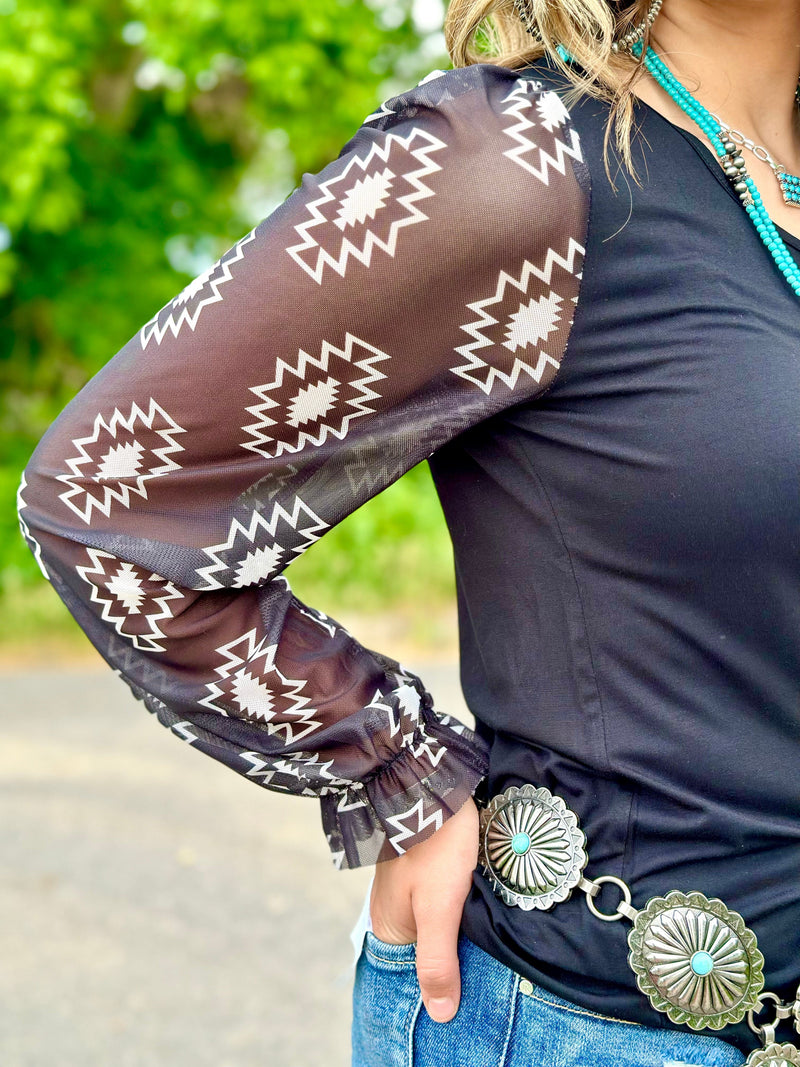 Shop Envi Me Tops and Tunics The Black Seminole Aztec Mesh Sleeve Top
