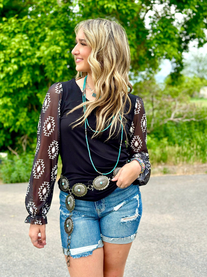 Shop Envi Me Tops and Tunics The Black Seminole Aztec Mesh Sleeve Top