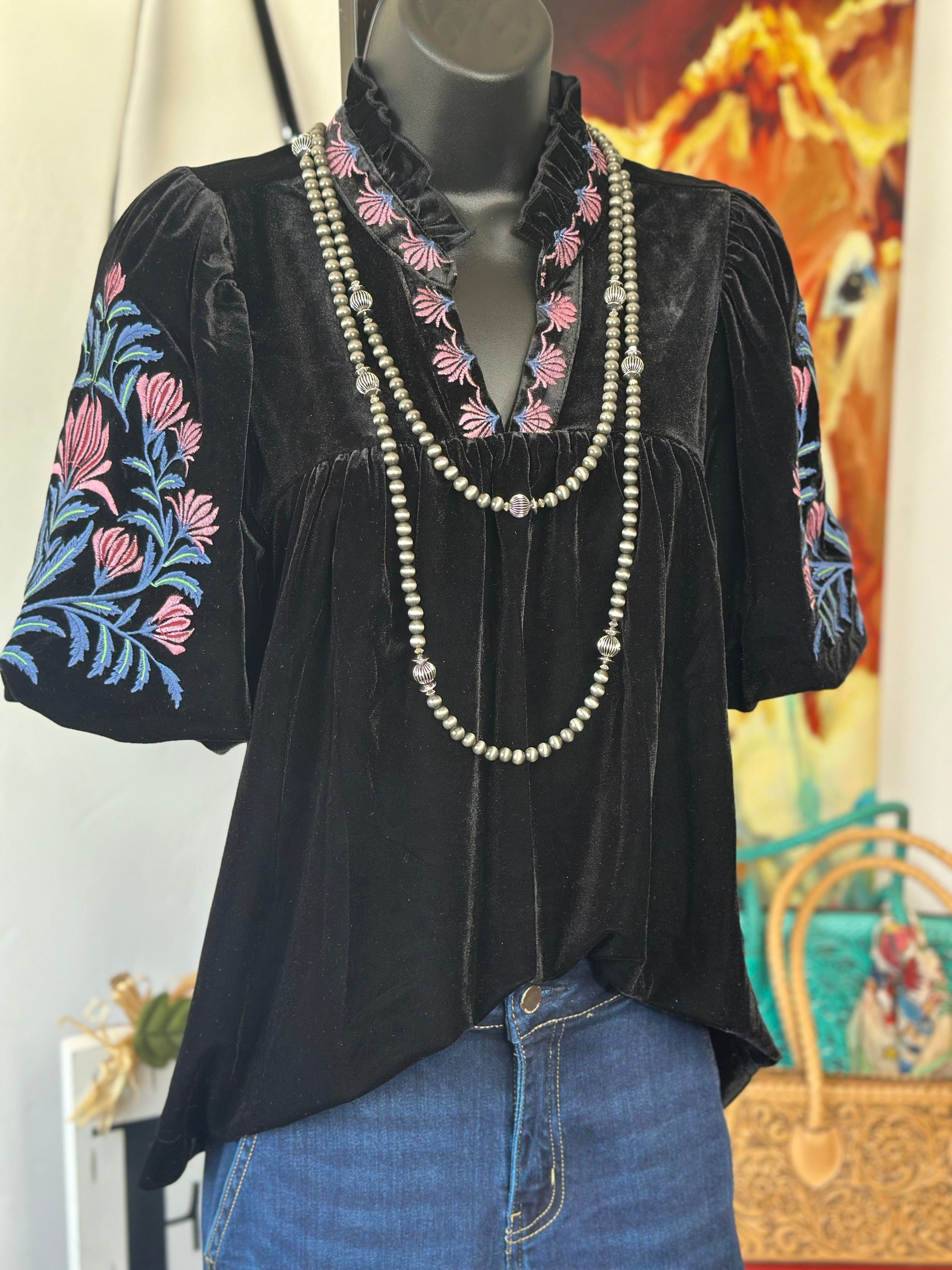Shop Envi Me Tops and Tunics The Black Velvet Embroidered Top