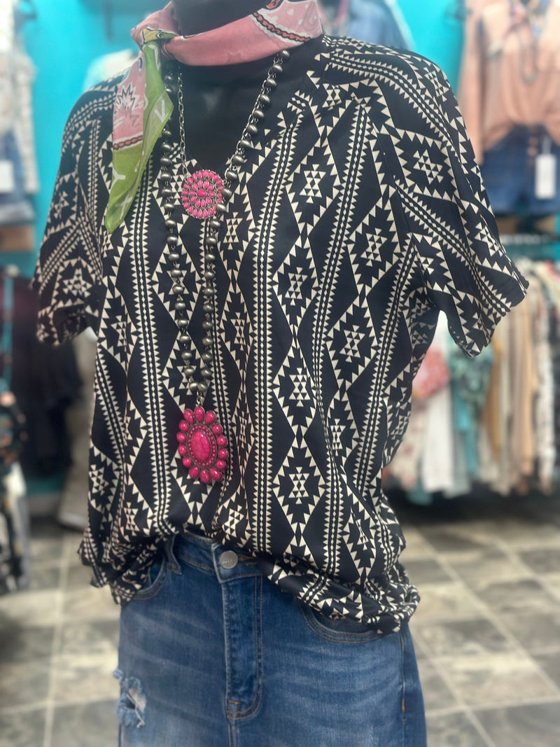 Shop Envi Me Tops and Tunics The Black & White Merida V Neck Aztec Top