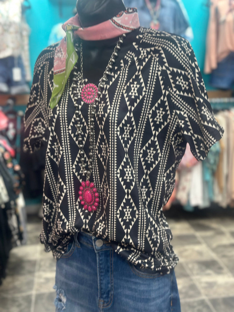 Shop Envi Me Tops and Tunics The Black & White Merida V Neck Aztec Top