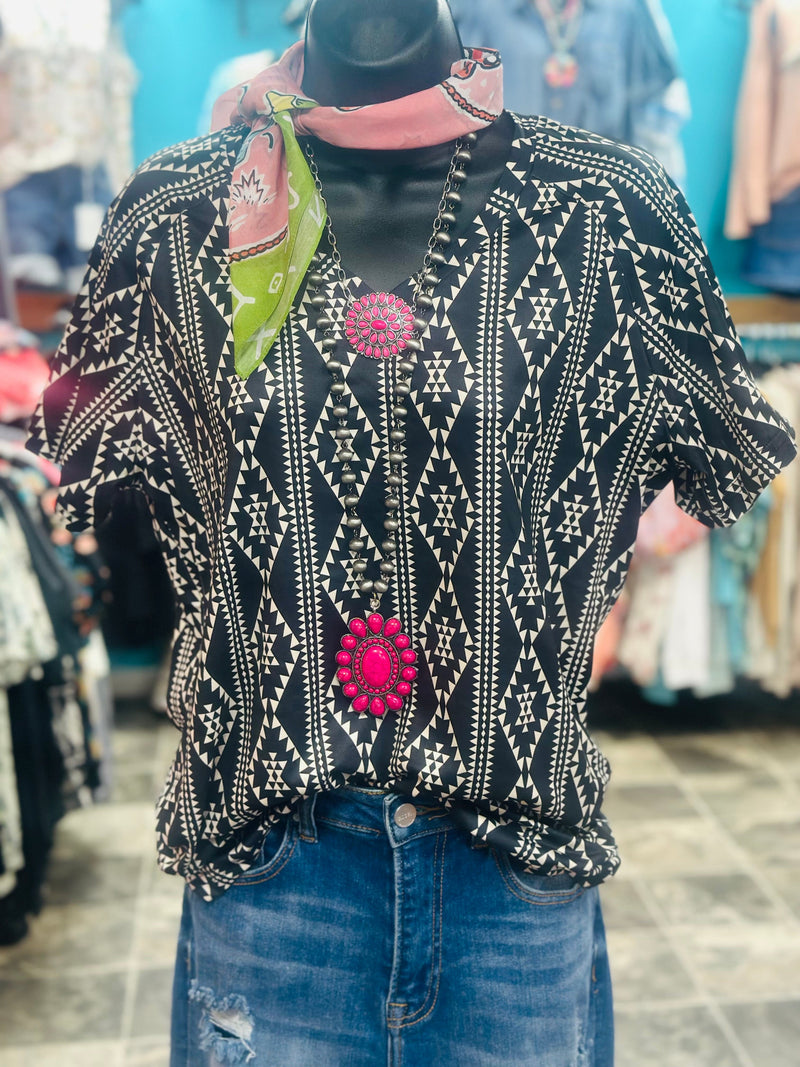 Shop Envi Me Tops and Tunics The Black & White Merida V Neck Aztec Top