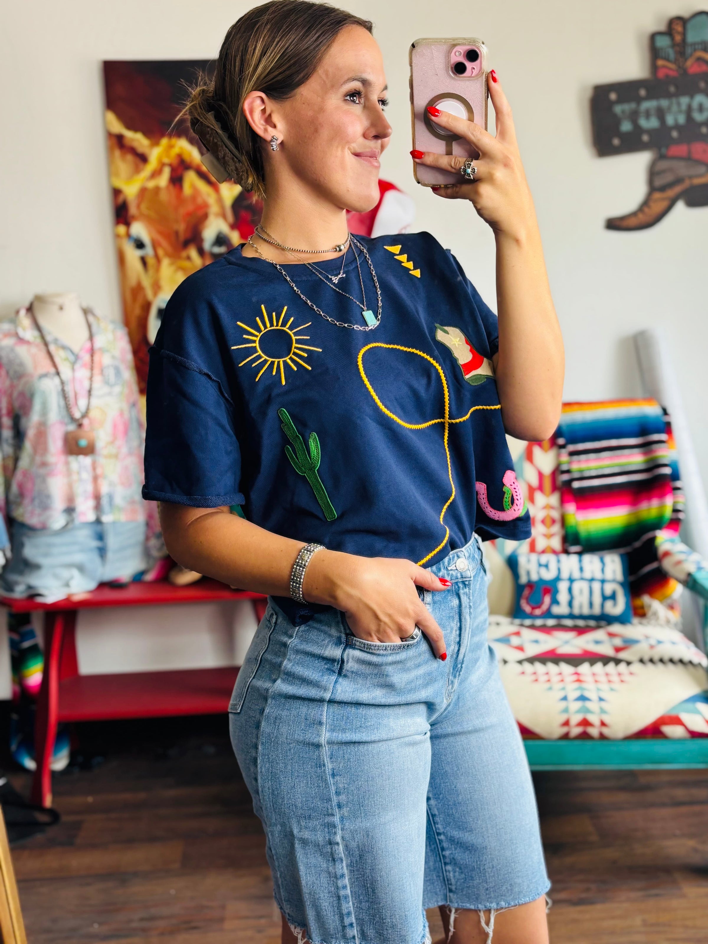 Shop Envi Me Tops and Tunics The Blue Western Desert Embroidered Top