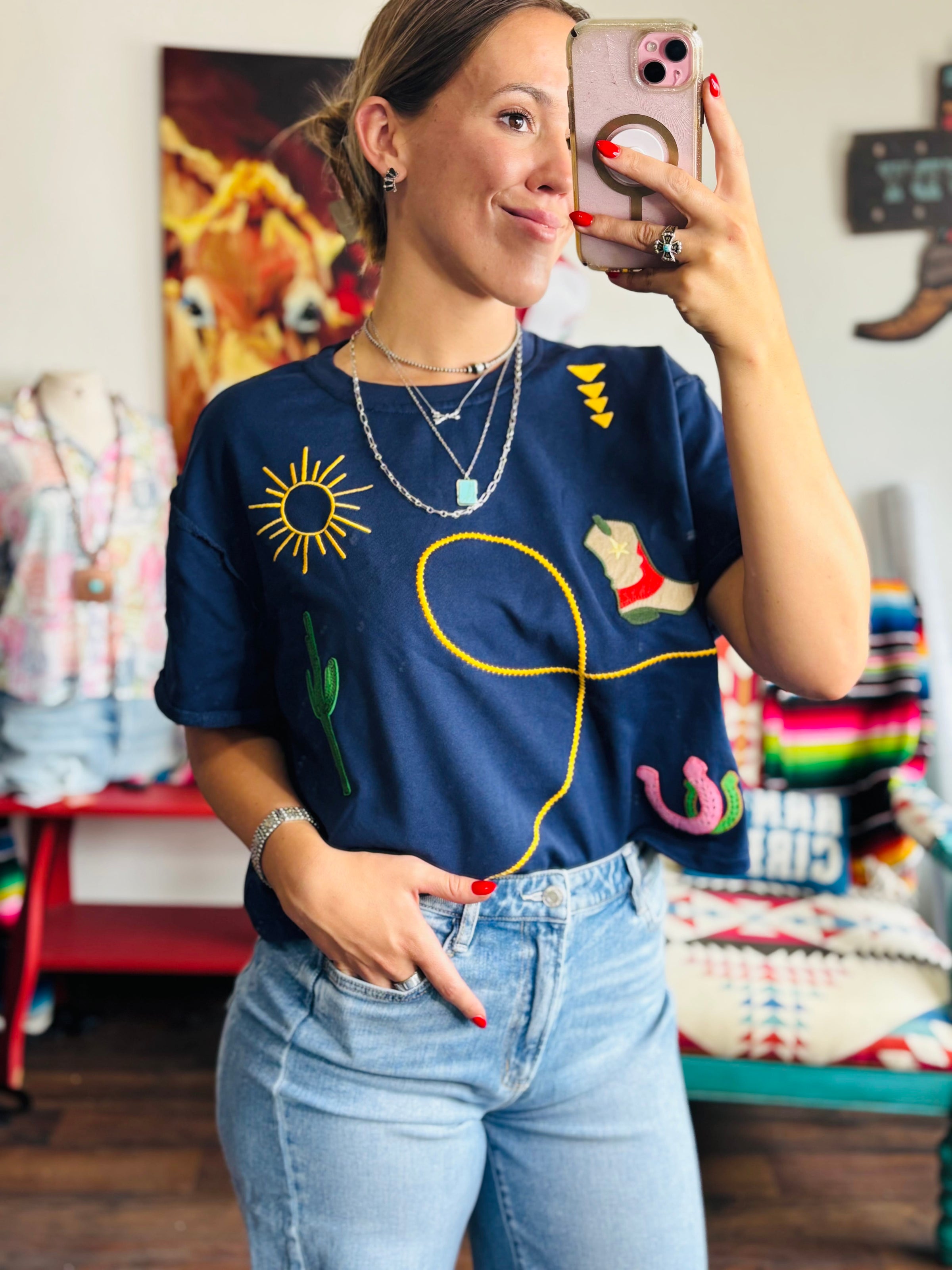Shop Envi Me Tops and Tunics The Blue Western Desert Embroidered Top