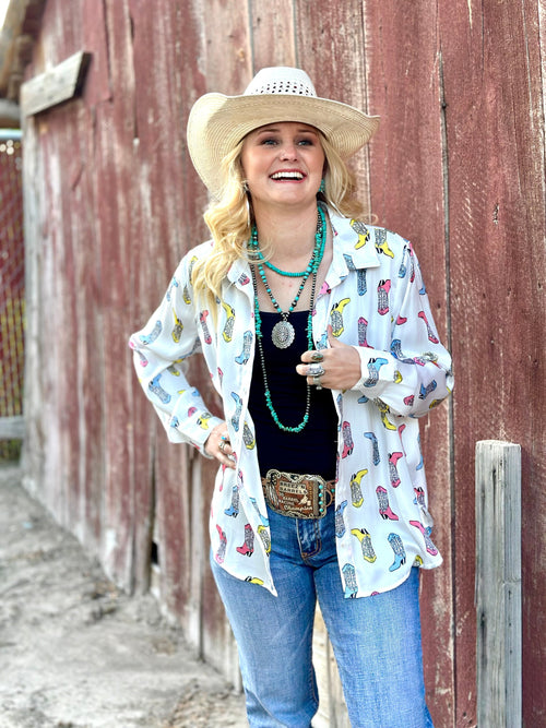 Shop Envi Me Tops and Tunics The Boots Satin Button Up Shirt