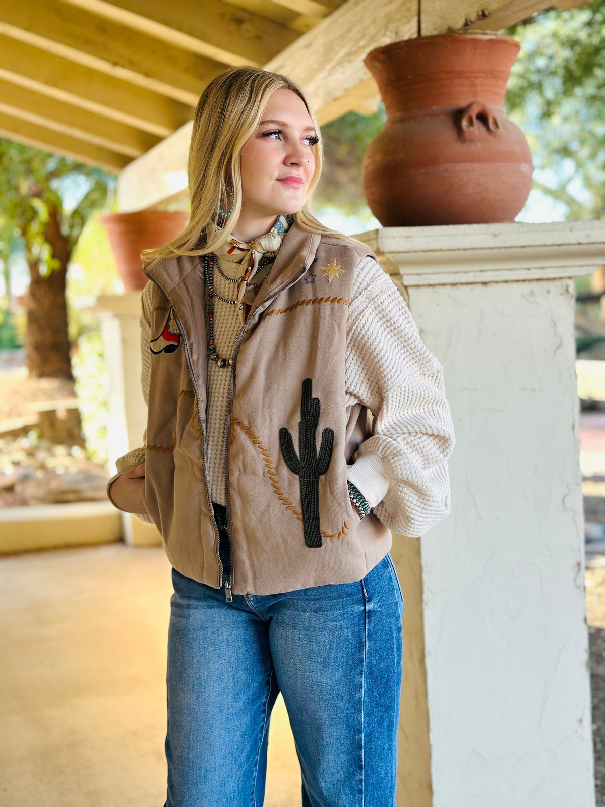 Shop Envi Me Outerwear The Call Me Western Cactus & Boots Embroidered Vest