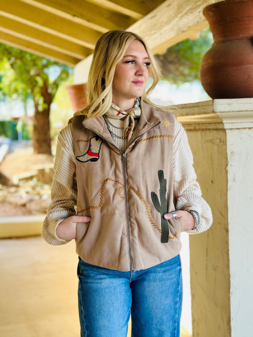 Shop Envi Me Outerwear The Call Me Western Cactus & Boots Embroidered Vest