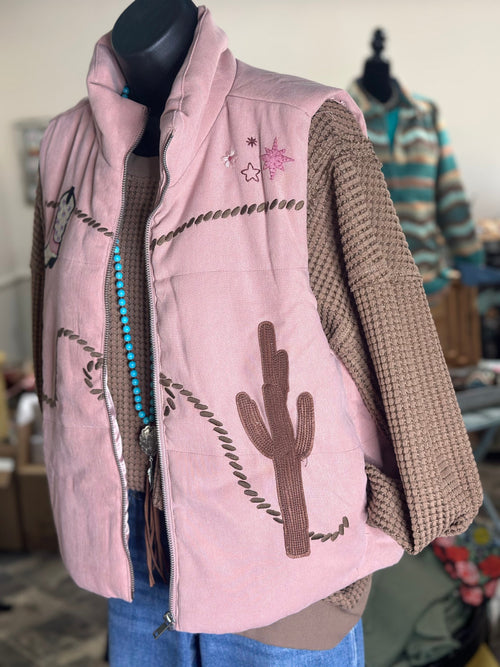 Shop Envi Me Outerwear The Call Me Western Dusty Pink Cactus & Boots Embroidered Vest