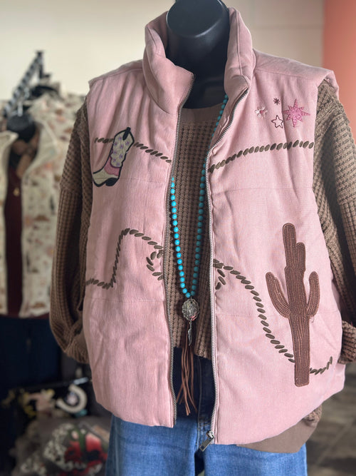 Shop Envi Me Outerwear The Call Me Western Dusty Pink Cactus & Boots Embroidered Vest