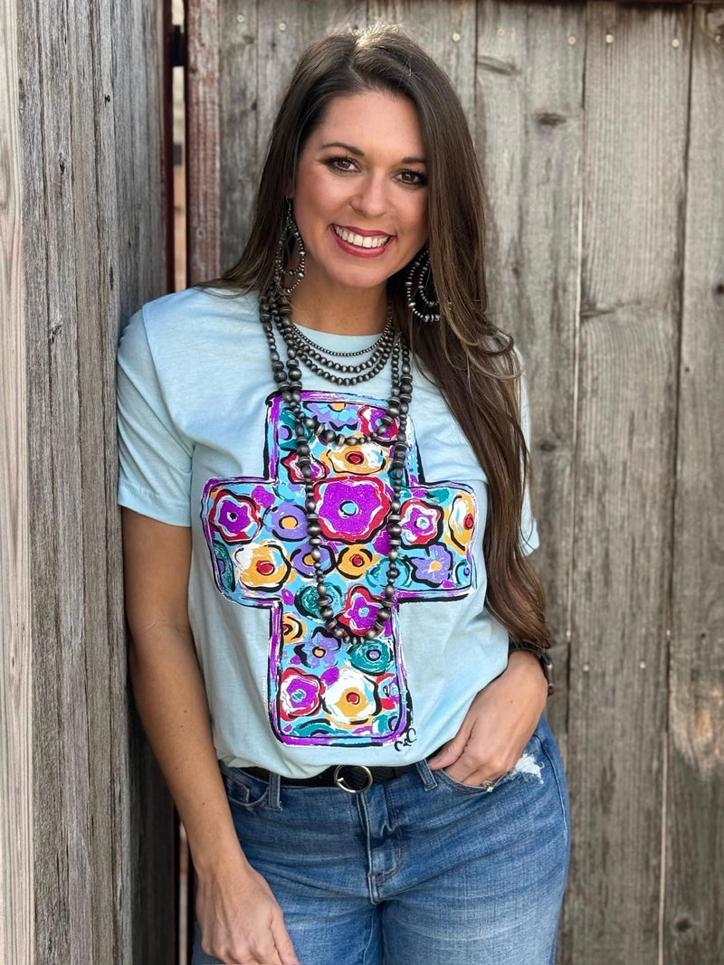 Shop Envi Me It's T-shirt Kinda Day The Callie’s Ice Blue Easter Floral Cross Tee