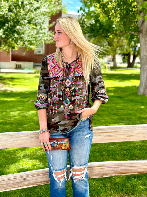 Shop Envi Me Dress it up The Casita Colors Embroidered Camo Top