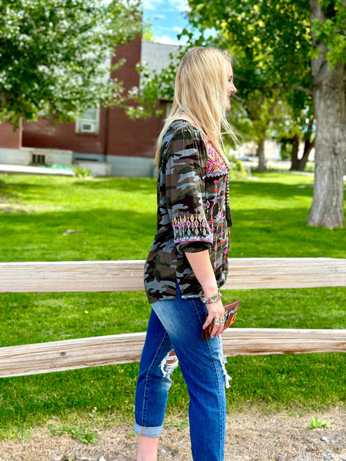 Shop Envi Me Dress it up The Casita Colors Embroidered Camo Top