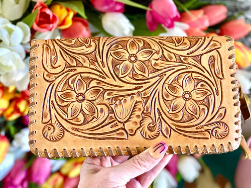 Shop Envi Me Accessories Tooled leather The Catalina Tooled Leather Clutch Organizer Wallet