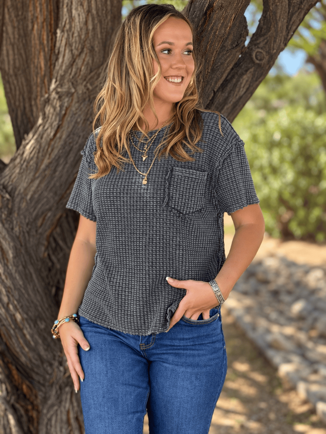 Shop Envi Me Tops and Tunics The Charcoal Desert Days Waffle Top