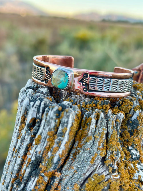 Shop Envi Me Bracelets Sterling Silver Copper & Blue Bird Kingman Turquoise The Cheyenne Copper & Sterling Silver with Kingman Turquoise Cuff Bracelet