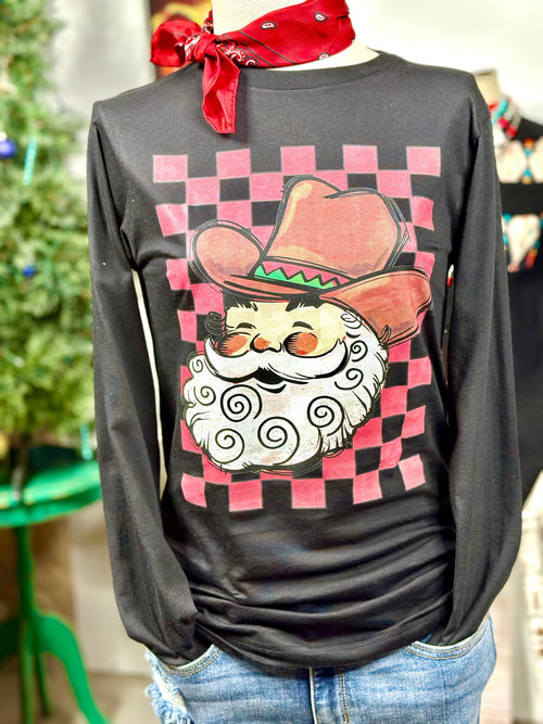 Shop Envi Me It's T-shirt Kinda Day The Christmas Checkerboard Cowboy Santa 🎅🏻 Long Sleeve Tee