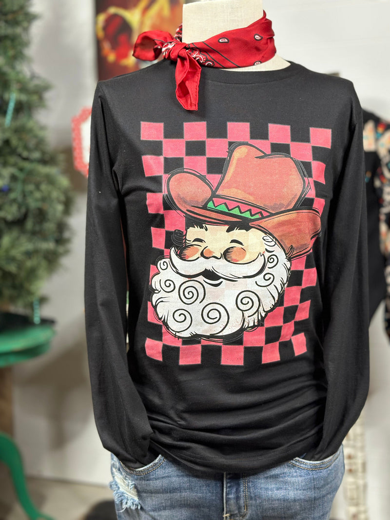 Shop Envi Me It's T-shirt Kinda Day The Christmas Checkerboard Cowboy Santa 🎅🏻 Long Sleeve Tee