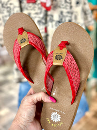 Yellow Box Footwear The Cinco Red Tooled Flip Flop 🩴