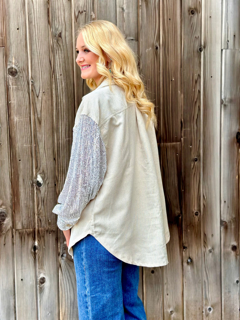 Shop Envi Me Cardigans and Kimonos The City Days Cord with Sequin Sleeve Shacket