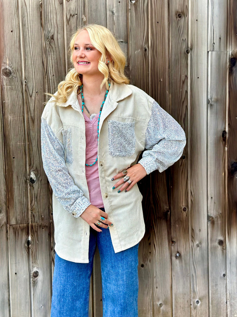 Shop Envi Me Cardigans and Kimonos The City Days Cord with Sequin Sleeve Shacket