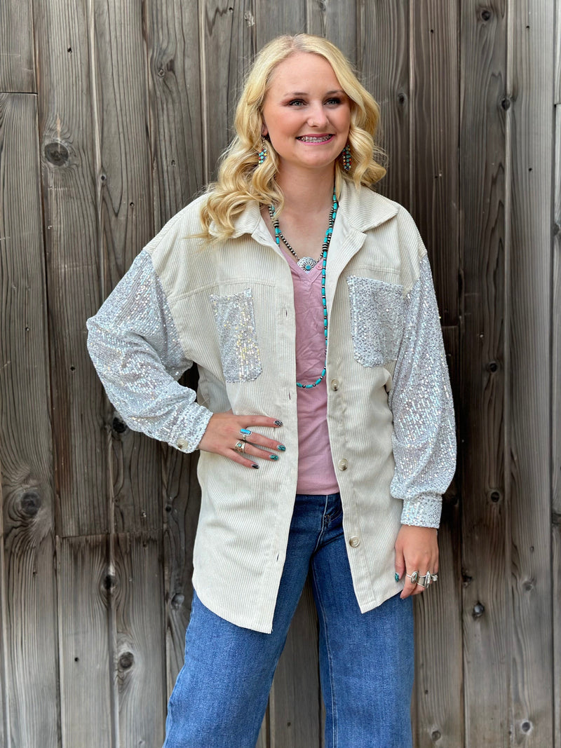 Shop Envi Me Cardigans and Kimonos The City Days Cord with Sequin Sleeve Shacket