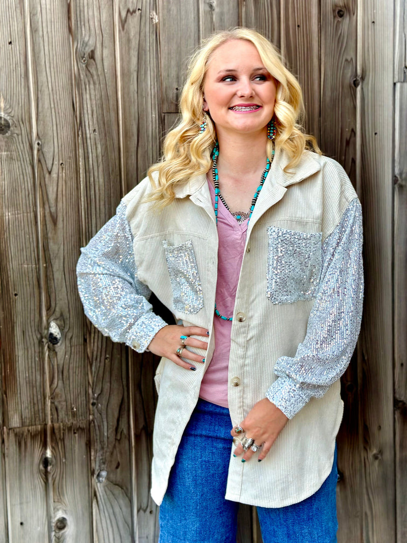 Shop Envi Me Cardigans and Kimonos The City Days Cord with Sequin Sleeve Shacket